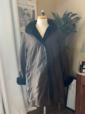 Women's Dark Brown Pea Coat with Black Faux-Fur Trim